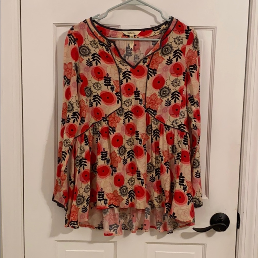 Cream & Pink Floral Blouse w Navy Blue Trim